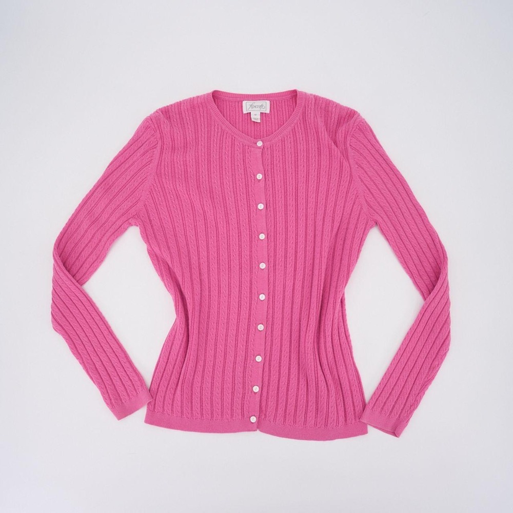 Vintage Foxcroft cardigan in a vibrant raspberry pink Supima cotton knit